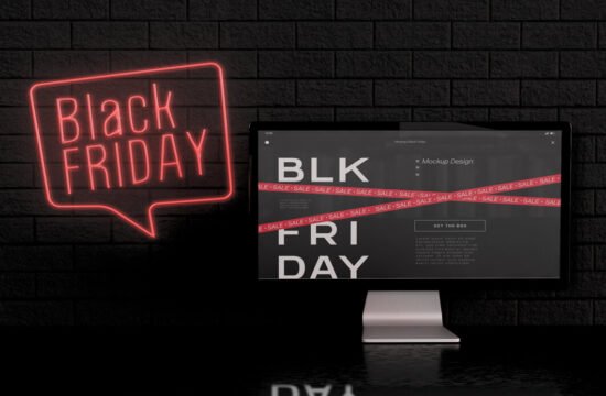 tela de computador sobre fundo preto com detalhes em vermelho escrito black friday